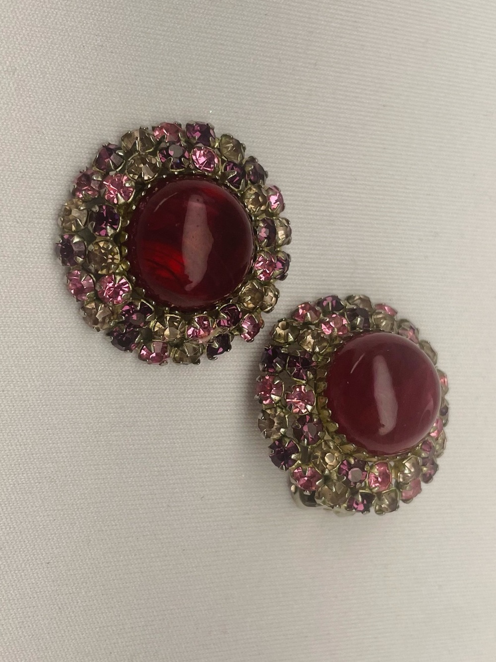 Vintage Signed WEISS Ruby Red Cabochon & Pink Rhinestone Clip-On Earrings